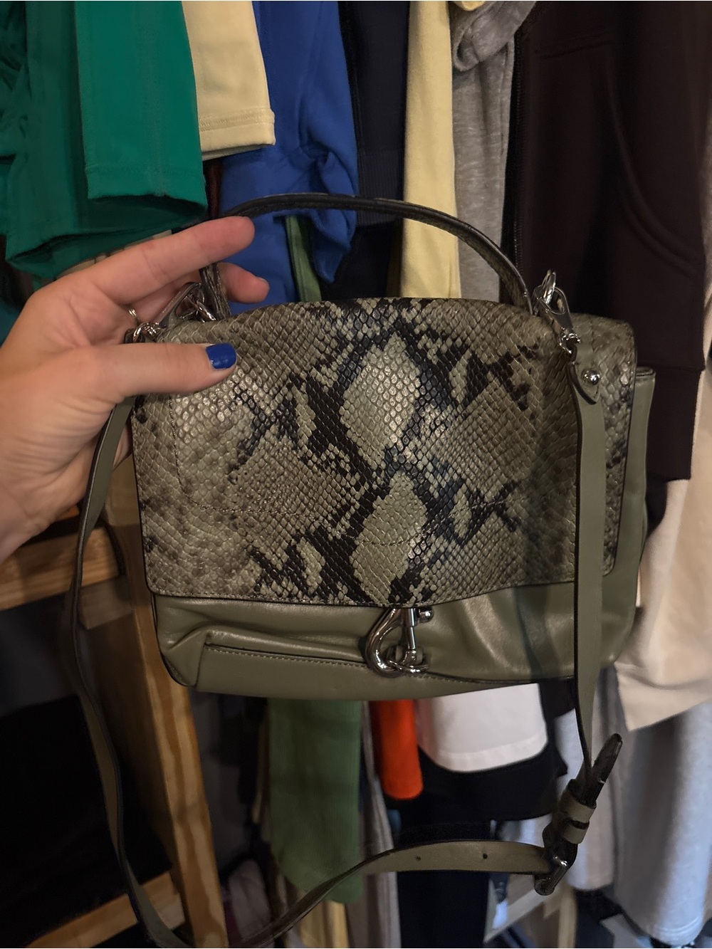 Rebecca Minkoff Olive Green Snake-Print Top Handle Crossbody